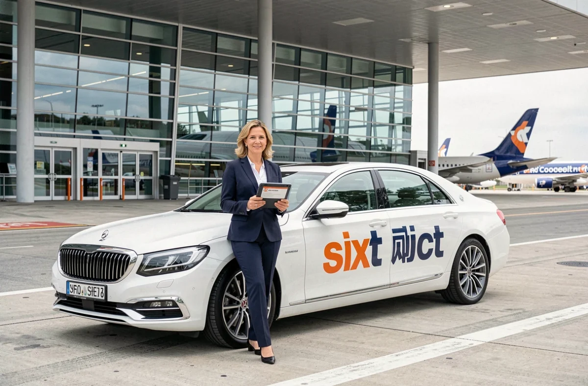 Chauffeuse Sixt Ride en uniforme tenant une tablette devant une berline blanche au terminal de l'aéroport de Nice pour un transfert