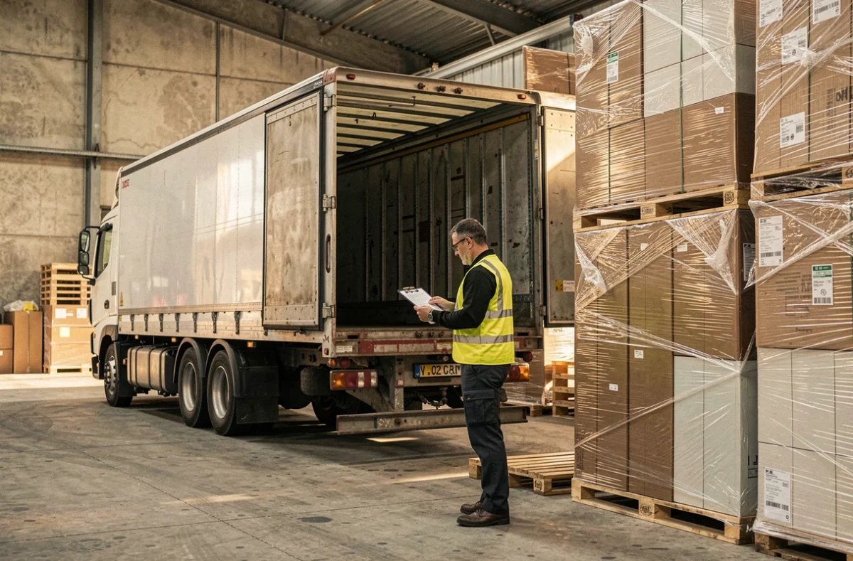 Responsable de SLD Déménagements vérifiant des documents d'expédition dans un dépôt logistique en périphérie de Nîmes