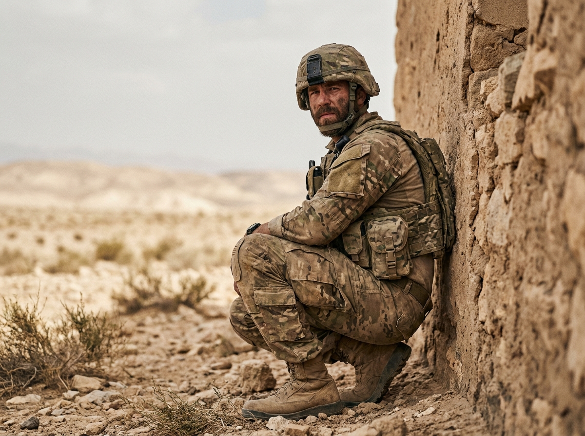 Soldat en tenue militaire complète accroupi près d'un mur de pierre lors d'une mission extérieure en terrain aride
