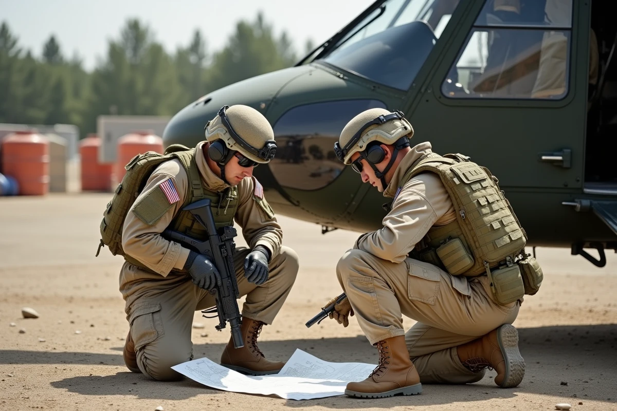 Soldats français en tenue de combat effectuant un briefing tactique au pied d'un hélicoptère militaire sur une base avancée