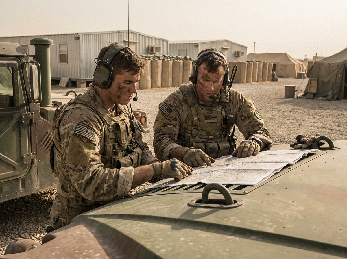 Deux soldats en tenue de terrain consultant une carte topographique sur un véhicule militaire dans une base opérationnelle avancée