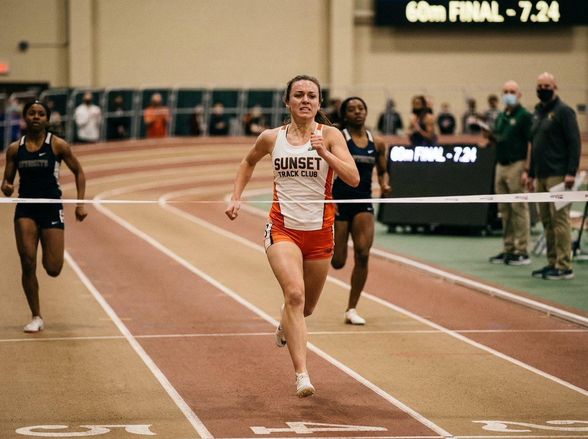 Athlète féminine en plein sprint sur piste couverte, les yeux fixés sur la ligne d'arrivée, démontrant l'importance de la vision en compétition d'athlétisme en salle