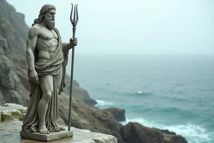 Statue antique de Poséidon en marbre sur une falaise côtière grecque avec trident et mer Égée en arrière-plan
