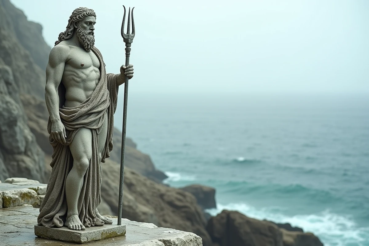 Statue antique de Poséidon en marbre sur une falaise côtière grecque avec trident et mer Égée en arrière-plan