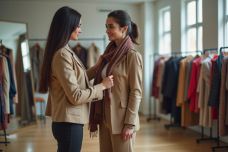 Styliste femme ajustant un foulard dans un studio de mode lumineux