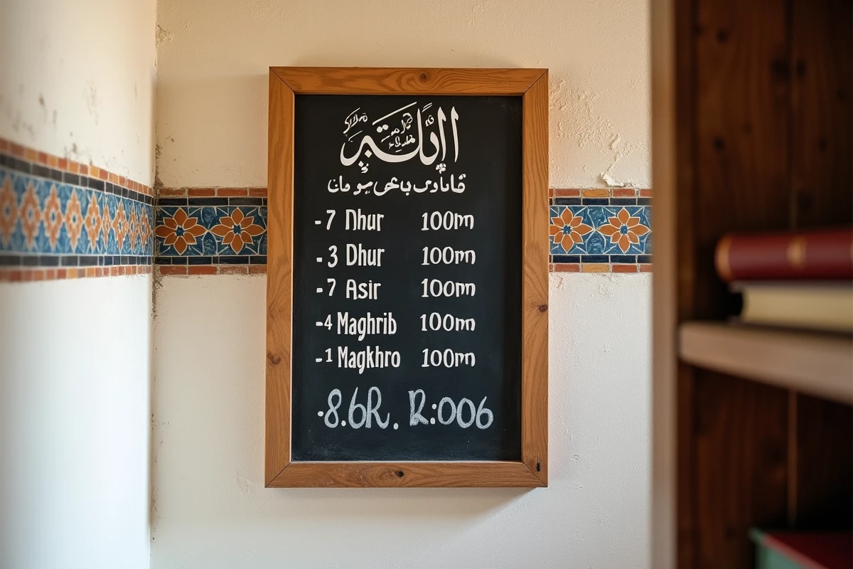 Tableau des horaires de prière en arabe et en français affiché dans une mosquée de Nîmes