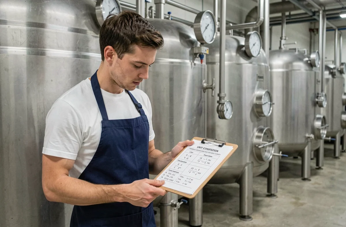 Technicien industriel consultant une fiche de conversion mètre cube en litre dans une usine de traitement