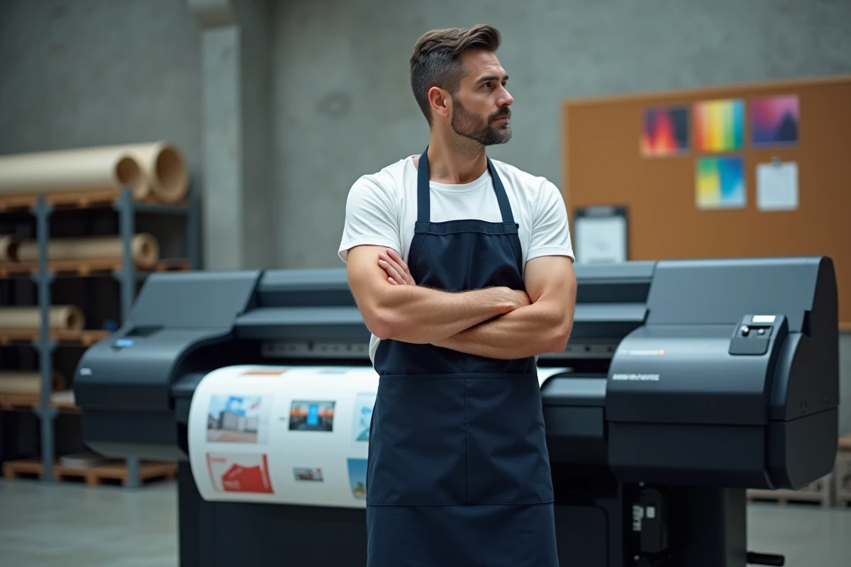 Technicien supervisant l'impression d'une affiche murale sur une imprimante grand format