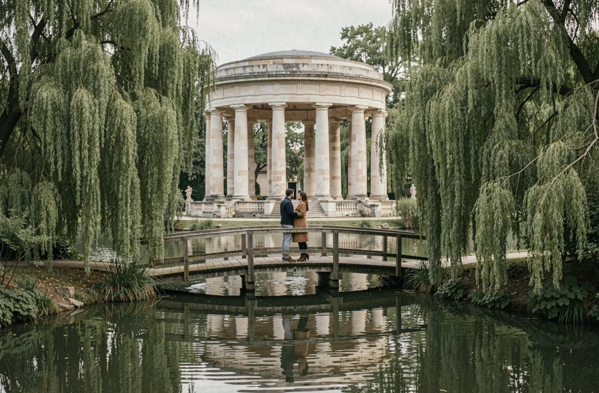 Vue du temple romantique de l'île de Reuilly depuis le pont du bois de Vincennes avec son reflet dans le lac et un couple en arrière-plan