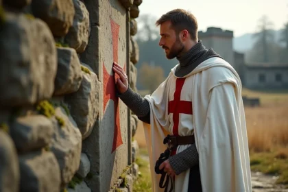 Templier chevalier en extérieur près d'une chapelle ancienne