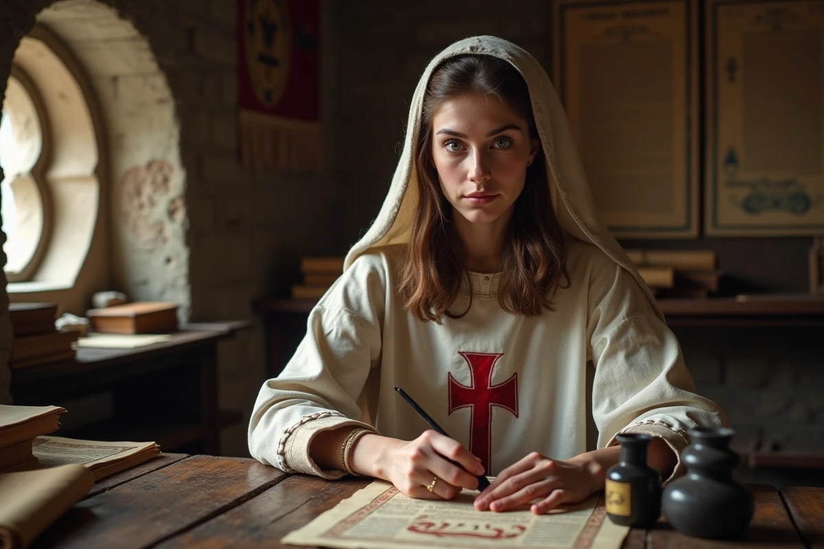 Jeune femme templier scripte dans une bibliothèque religieuse