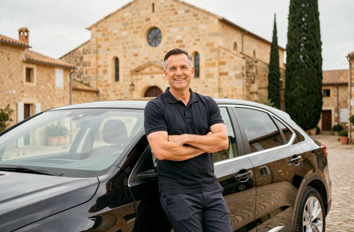 Chauffeur VTC Thibaut appuyé contre un SUV noir dans un village provençal de la région Rousset, Gréasque, Venelles