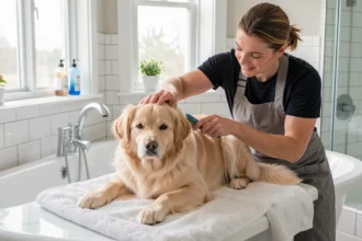 Toiletteur brossant un chien dans une salle de bains lumineuse