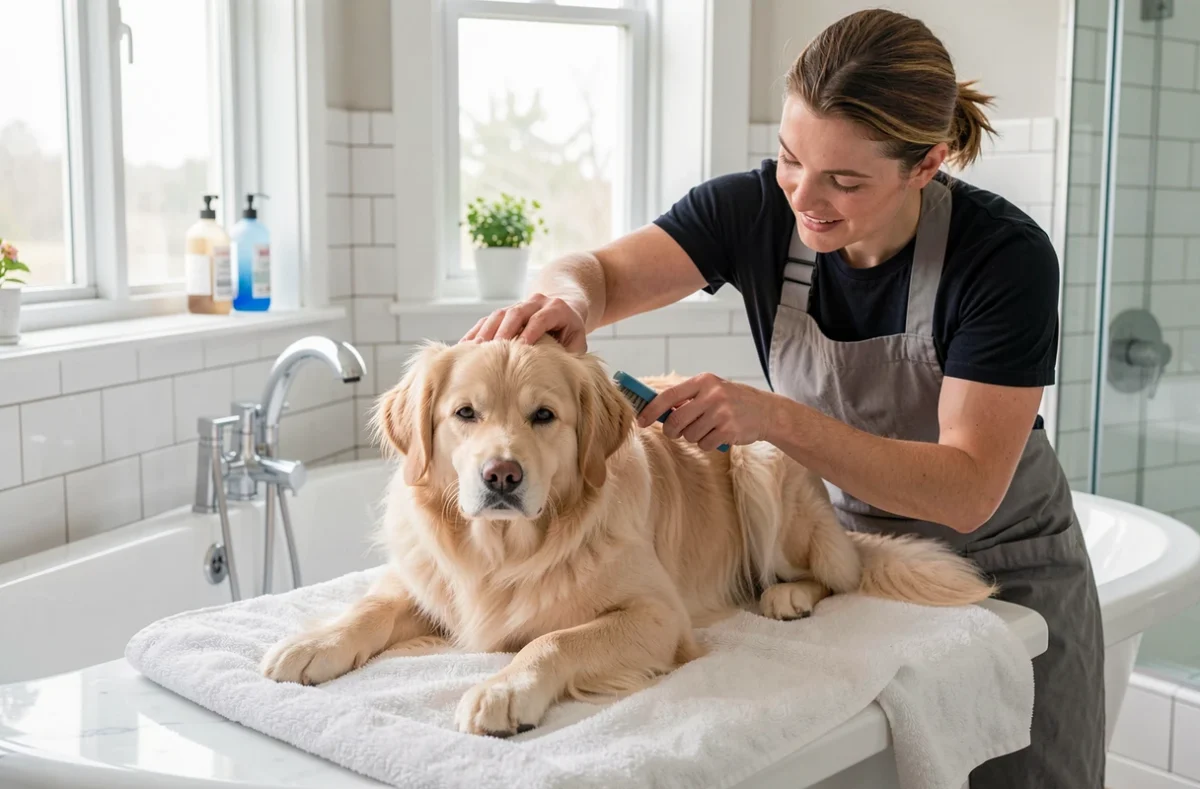 Toiletteur brossant un chien dans une salle de bains lumineuse