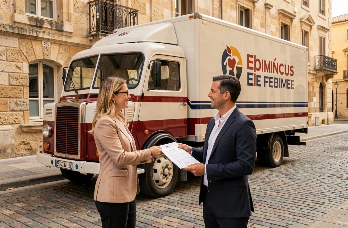 Administratrice des Transports Marignan remettant un contrat signé à un client devant un bâtiment historique en pierre à Nîmes
