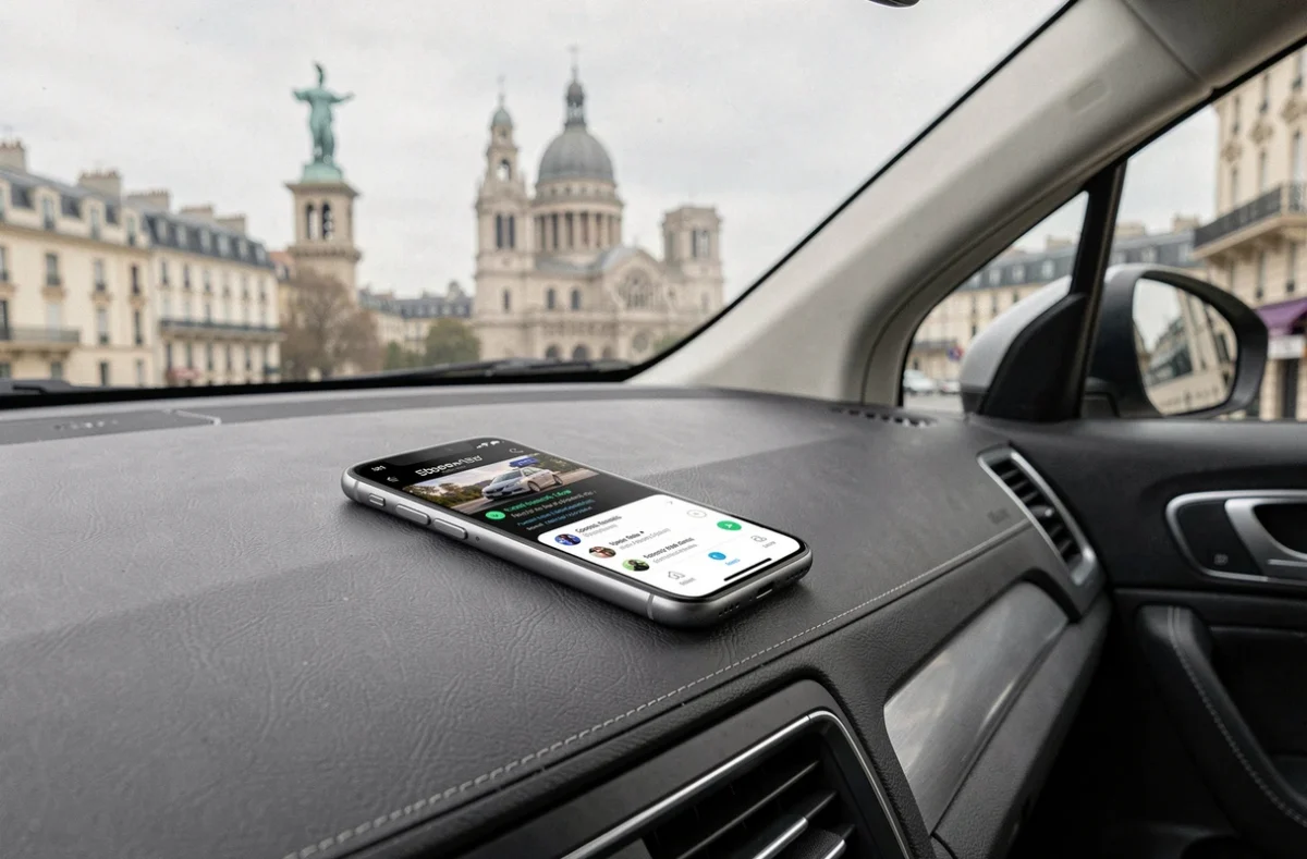 Application Uber affichée sur un smartphone posé sur le tableau de bord d'un VTC avec la ville de Marseille visible en arrière-plan