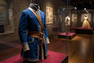 Uniforme de mousquetaire du XVIIe siècle exposé dans un musée historique français, évoquant la vie réelle de d'Artagnan
