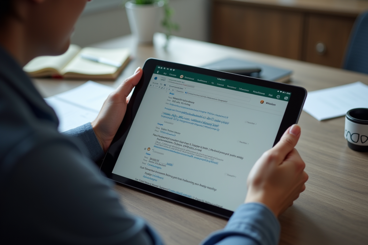Personne utilisant une tablette pour trier des emails académiques sur un bureau organisé