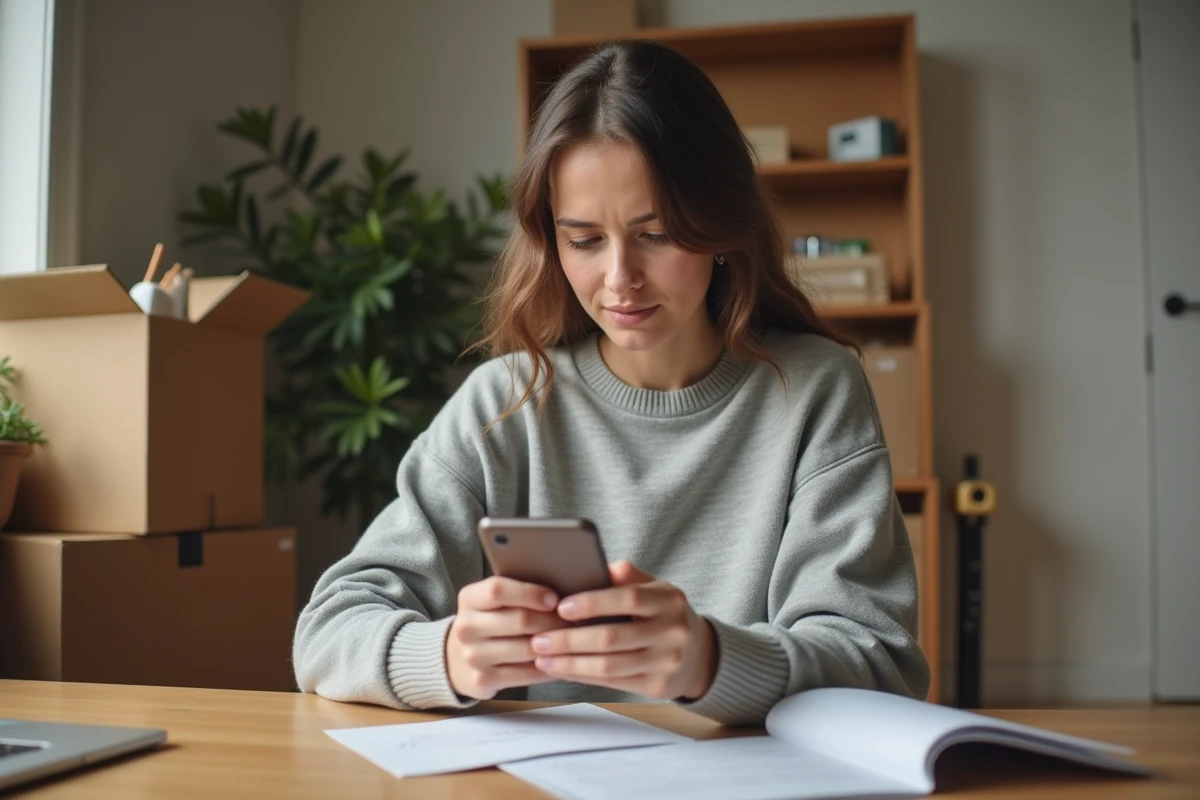Jeune femme vérifiant le code postal de son nouveau logement à Toulouse sur son smartphone avec une enveloppe officielle à la main
