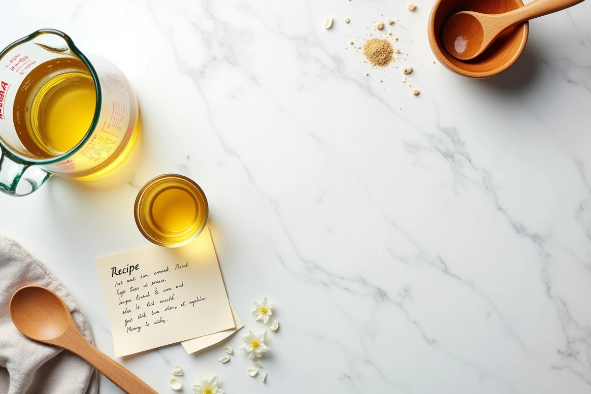 Vue aérienne d'un verre doseur de 80ml et d'un pichet d'un litre sur marbre blanc avec une fiche recette manuscrite