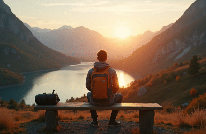 Voyageur assis sur un banc en bois face à un lac de montagne au lever du soleil