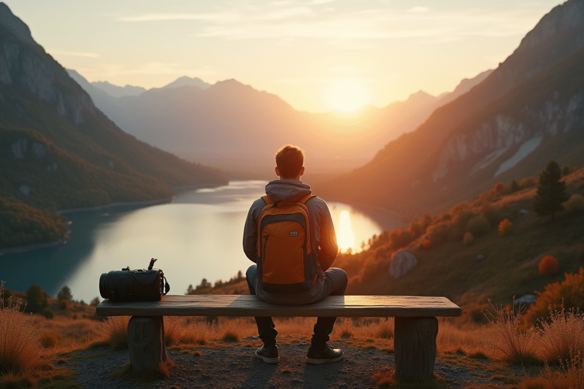Voyageur assis sur un banc en bois face à un lac de montagne au lever du soleil