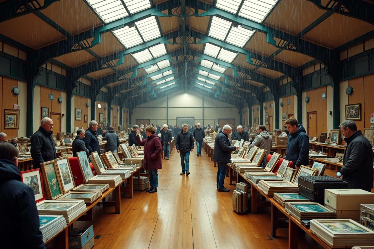 Vue aérienne d'une brocante couverte dans un gymnase en Moselle avec rangées de stands et visiteurs sous une toiture translucide par temps de pluie