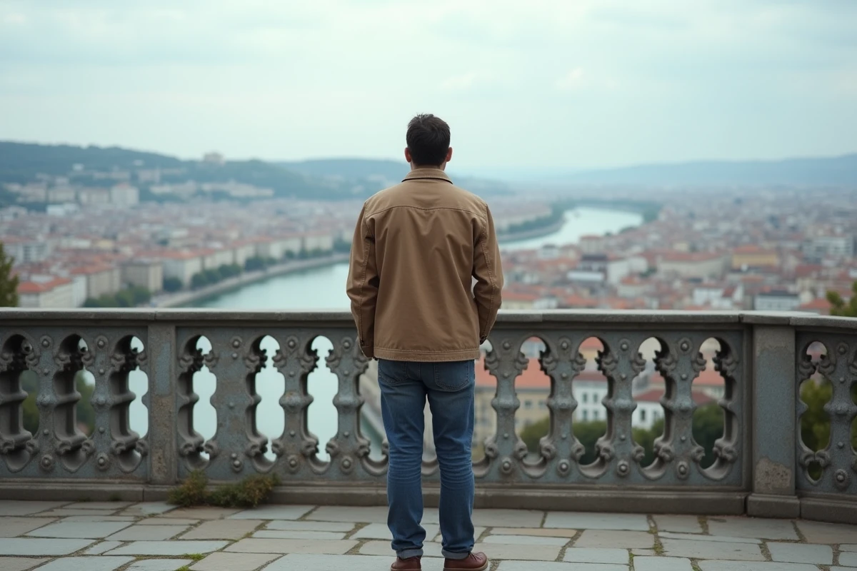 Homme admirant la vue panoramique gratuite sur Lyon depuis la colline de Fourvière un dimanche
